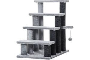 PawHut Katzentreppe 4-stufige Haustiertreppe mit Kratzsäulen Ball Hundetreppe Tiertreppe für Katzen Plüsch Jute Grau 60 x 40 x 64 cm