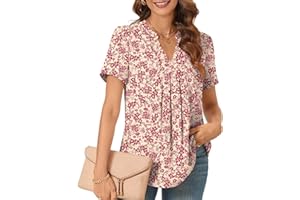 Bestbee Ladies Summer Tops, Dressy Chiffon Blouses Pleated Shirts Notch V Neck Short Sleeve Tunic Tops Casual T-Shirts