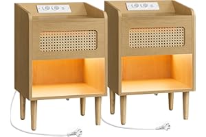 ‎SONGMICS HOME SONGMICS HOME Kolekcja BOHOVEN – stolik nocny ze stacją ładującą (zestaw 2 szt.), stolik boczny z czujnikiem ruchu, stolik kawowy o wyglądzie rattanu, nogi z litego drewna, dąb beżowy LET817Y02V1
