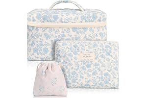 VYUWAST 3 Pack Floral Cotton Makeup Bag Set, Large Travel Quilted Makeup Bag for Women Girls, Coquette Aesthetic Toiletry Bag, Large and Medium Cosmetic Bag with Drawstring Bag