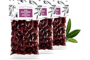 ORIGINAL GREEK Lamda Estate - schwarze griechische Oliven Kalamata mit Stein | eingelegte frische Kalamon Olive Vakuum 3x 250g
