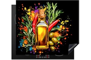 KitchenYeah© Protege Plaque Tapis Pour Induction 60x52 cm Deco Cuisine Protection Vitrocéramique Pour Cuisiniere Huile d'olive - Graffiti - Poivre - Olives - Modern