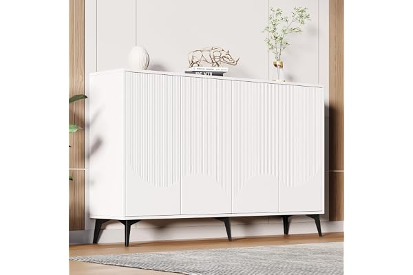 YAIXBNG Vit skänk, bredd 160 cm, multifunktionell skänk, byrå, highboard med justerbara hyllor, 4 dörrar, metallben