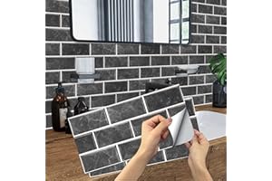 Black Brick Tile Stickers, BYLife 12pcs Peel and Stick Wallpaper Transfers Sticker for Kitchen Bathroom Self Adhesive Vinyl Splashback Wall Tile for Home Decor 15x30 cm