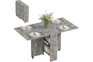 HOMCOM Folding Dining Table, Drop Leaf Table with 2-Tier Shelves, Rolling Casters, for Small Spaces, Kitchen, Cement Grey