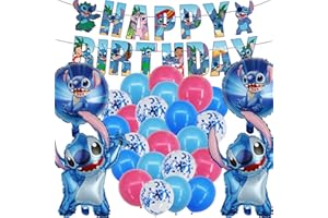 BOYIGOG 53PCS Stitch Balloons Birthday Decorations, Stitch Happy Birthday Banner, Cute Stitch Foil Balloons for Party, Cartoon Theme Latex Balloon Decoration Supplies for Showers, Christmas
