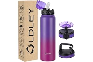 OLDLEY Borraccia Acciaio Inossidabile con Cannuccia 1L Isolamento Sottovuoto Grande Borraccia Metallo Bottiglie d'Acqua Tenuta Stagna Mantiene Le Bevande Calde Fredde per Campeggio Palestra con 3 Coperchi