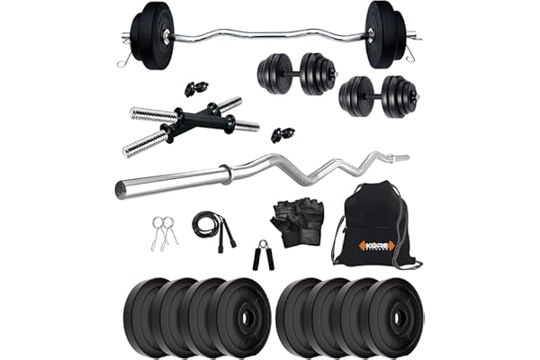 Kore PVC 16 Kg Home Gym Set With One 3 Ft Curl And One Pair Dumbbell Rods With Gym Accessories, Black