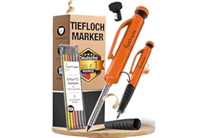 ‎TOOLTOPIA Tieflochmarker Bleistift Profi– Markierstifte Baustelle inkl. Köcher + 6 Ersatz minen + Spitzer, Perfekt als Bohrlochmarker & Baustellen oder Handwerker Bleistift, Robuster Zimmermannsbleistift Orange