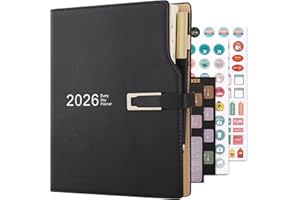 HOLDERZWU Dziennik akademicki 2026 A5 dzień na stronę, organizer harmonogramu z naklejkami kalendarzowymi, terminarz planera z uchwytem na długopis i długopisem, premium grubszy papier 14 x 21,5 cm (czarny)