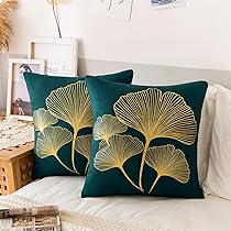 Federe Cuscini Lino 50x50 Set Di 4 - Stampa Ginkgo Verde E Oro | Per Divano Moderno - Foto 2