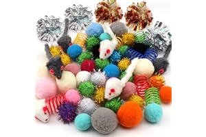 QUOZUO Juego de 60 juguetes para gatos con bola brillante, juguetes de ratón, resortes en espiral, bolas de pompón suaves