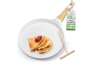 NutriChef Crêpière Antiadhésive 28 cm – Poêle à Crêpes Induction avec Répartiteur en Bois, Revêtement Marbre Crème,Manche Bakélite & Bois, Tous Feux Dont Induction, Facile à Nettoyer, Résistante aux