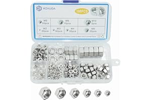 WZHUIDA 180 Stück Sechskantmuttern Sortiment Set, A2-70 Edelstahl Sechskant Schraubenmuttern, M2 M3 M4 M5 M6 M8 M10 DIN934