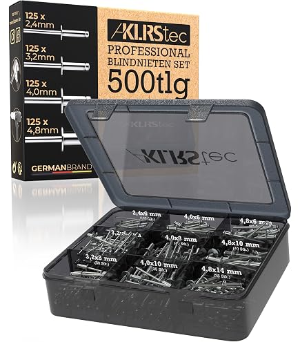 Kamtop 500 TLG. Blindnieten Sortiment Alu/Stahl (Griff/Dorn) Nieten Set 500 Stück 8 Größen In