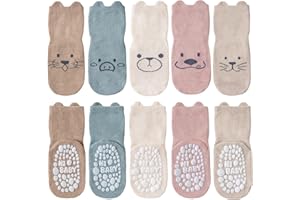 SockWaddles skarpetki dziecięce, 5 par oddychających skarpetek antypoślizgowych dla dzieci z ABS, skarpetki do raczkowania dla dzieci z bawełny, zwierzętami i jednorożcami