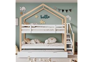 KUAKE Letto a castello, letto estraibile per casa sull'albero, con 4 cassetti, culla con protezione anticaduta e rete a doghe, colore naturale e bianco (90 x 200 cm e 90 x 190 cm)