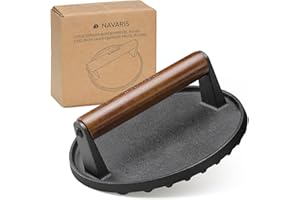 Navaris Pressa per Hamburger - Smash Burger Press per Piastra - Schiaccia-Hamburger per Grigliare Carne - Accessori Griglia BBQ Barbecue - in Ghisa con Manico Legno - Ø 17,5 cm