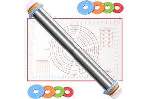 SOLVANT Mattarello in acciaio inox con tappetino da forno, spessore regolabile e anello rimovibile, rivestito antiaderente, 4 misure, adatto per pizza, biscotti e pasta sfoglia