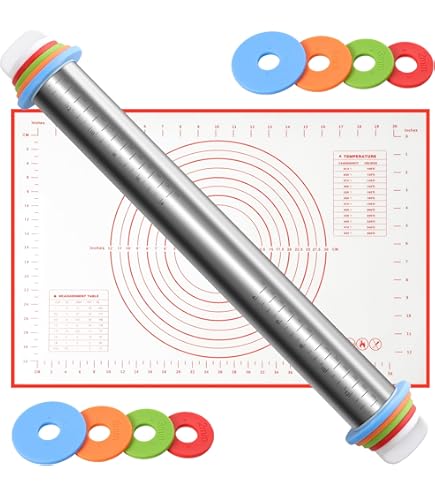 Mattarello In Acciaio Con 8 Dischi Spessore | Set Per Pasta Con Raschietto E Tappetino Silicone | Antiaderente - Foto 5