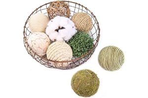 CIR OASES multi-material tri-color decorative ball 9 balls, natural rattan weaving ball, cotton ball, used for vase bowl filling, table decoration (green)