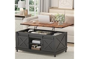 OCTORO Coffee Table Height Adjustable, Living Room Table Foldable with Storage Space Sliding Door and Large Hidden Compartment, 120 cm Modern Coffee Table, Sofa Table with Wooden Lift Table Top, Black