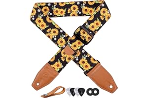 YIKOKO Gitarrengurt 5,1 cm, Baumwolldruck, florales Muster, mit Vollnarbenlederende, für Bass, elektrische und akustische Gitarren, kostenloser Gurtknopf, Gurtschlösser und Gitarrenplektren