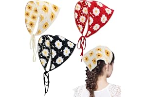 Dizila 3 Pieces Vintage Flower Crochet Bandanas Headbands Knitted Head Kerchief Hair Scarf Headwraps for Women Girls Teens (Beige+Red+Black)