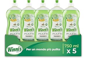Winni's - Detersivo Piatti e Stoviglie a Mano in Ecoformato, Ipoallergenico, Formula Concentrata, Fragranza Lime e Fiori di Mela, Materie Prime di Origine Vegetale, 750 ml x 5 Confezioni