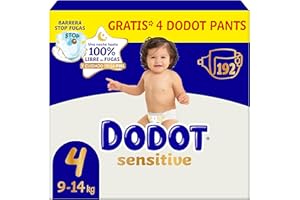 Dodot Sensitive Baby Diapers, Size 4 (9-14 kg), 192 Nappies + 4 Gift Pants, Up to 12 h Leak Protection and Skin Care, Monthly Pack