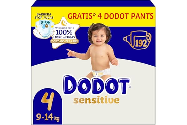 Dodot Pañales Bebé Sensitive, Talla 4 (9-14 kg), 192 Pañales + 4 Pants de Regalo, Hasta 12 h De Protección Antifugas y Cuidado de la Piel, Pack Mensual