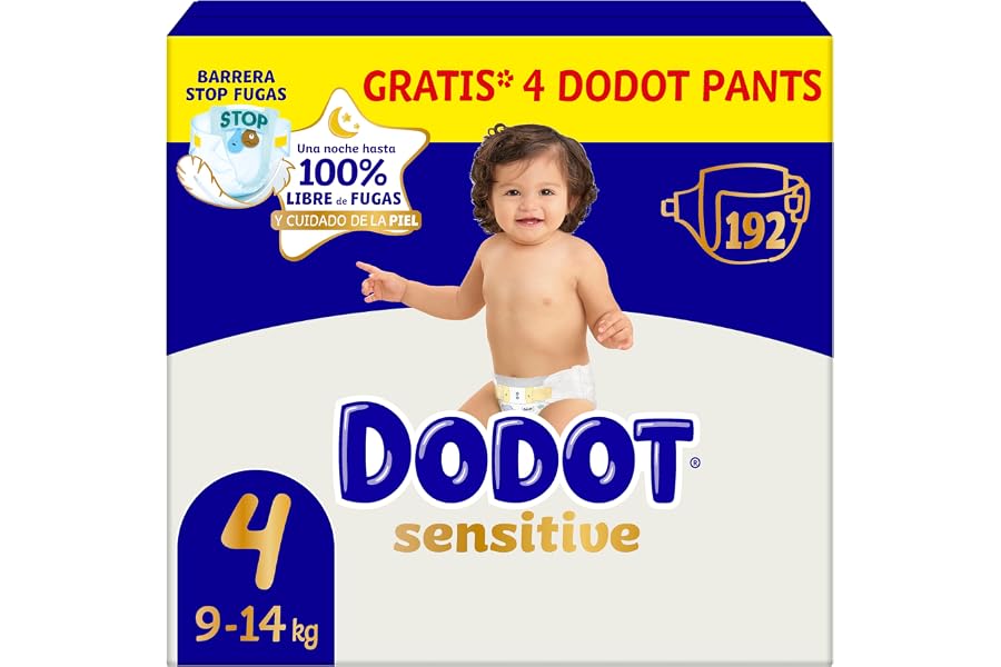 Dodot Pañales Bebé Sensitive, Talla 4 (9-14 kg), 192 Pañales + 4 Pants de Regalo, Hasta 12 h De Protección Antifugas y Cuidad