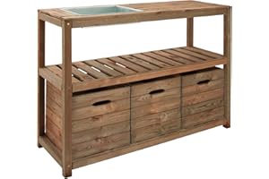 Table de rempotage en bois CHOKO Jardipolys | 129 x 45 x 90 cm | Table de jardinage en bois teinté brun foncé avec 3 tiroirs et plateau | Table de plantation bi-matières avec rangement pour outils de jardinage | bac de préparation