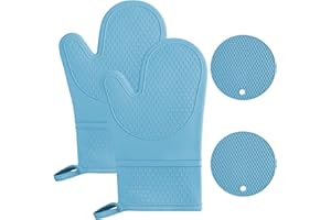 AUAUY 1 Paire Gants de Cuisine en Silicone avec 2 Maniques, Gants de Four Résistant à La Chaleur jusqu'à 240 °C, Gants de Cuisine Antidérapants pour Grillades, Cuisine, Four, Micro-Ondes, Bleu