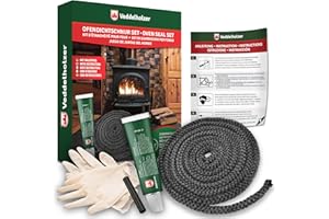 Veddelholzer 2,5 m komplett Set Ø 10mm Ofendichtband, Ofendichtung, Backofen Dichtung, Ofendichtschnur für Kaminofen, Öfen und Kaminofen Inkl. Hochtemperaturkleber, Handschuhe, Hülsen und Anleitung