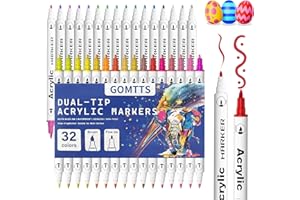 GOMTTS 32 Colouring Pens Markers - Dual Tips, Acrylic Paint Pens Markers for Adult Coloring Books Multi-Surface, Rock Painting, Canvas, Wood, Fabric, Glass, DIY Crafts & Art Supplies