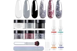 EODCI - Juego de 15 uñas en polvo para inmersión en polvo, 6 colores, negro, blanco, plata, polvo de inmersión, polvo de uñas, con base activadora, capa superior para uñas, arte de manicura, bricolaje
