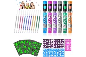 AOMIG Rotuladores Tatuajes Niños, 32pcs Kit Tatuajes Niño para Pintar el Piel con 6 Colores Rotuladores Purpurina, 12 Recarga de Reemplazo, Tatuajes Temporales Luminoso y Plantillas, Regalo Cumpleaños
