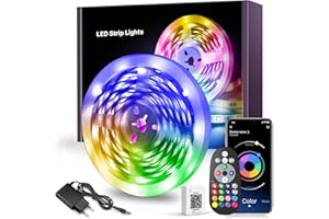 Macchiatto LED Strip 10 m, LED Strip 10 m RGB Bluetooth LED Strip with Remote Control and App, Self-Adhesive Music Sync Lighting for Room Party