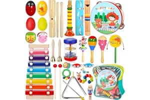 ZLPBAO 34pcs Instrument de Musique Enfant, Ensemble de Jouets Musicaux Bois, Tambour Enfant avec Ocean Wave Bead, Xylophone et Sac de Transport Jouets Musicaux avec Sac de Transport, 1+ Ans