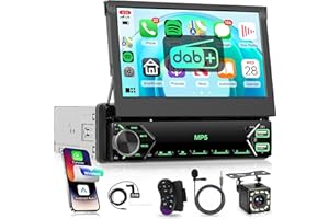 DAB+/DAB Single Din Car Stereo with Wireless CarPlay Android Auto, Rimoody 7'' Electric Flip Out Touch Screen Car Radio 1 Din with Bluetooth FM Radio Rear View Camera