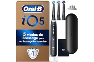 Oral-B Brosse A Dents Electrique iO 5 Noire, 5 Modes De Brossage Dont Blancheur, Capteur De Pression Sur Les Gencives, 3 Brossettes De Rechange Oral B, Etui De Voyage, Chargeur, Emballage Carton