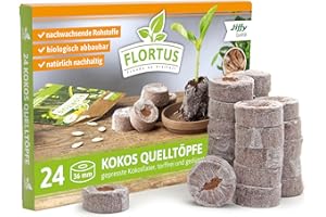 ‎FLORTUS FREUDE AN VIELFALT FLORTUS – Kokos Quelltöpfe aus Anzuchterde mit Nährstoffen – 24 Stück Kokos Quelltabletten torffrei & biologisch abbaubar – Quelltabs aus Kokoserde gepresst zur Pflanzen Anzucht von Samen & Setzlingen