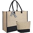 Invalidism Jute Beach Bag for Women,Personalized DIY Blank Jute Tote Bag with Makeup Bag,Large Capacity Reusable Shopping Bag Handbag Present Bag for Wedding Birthday Beach Holiday