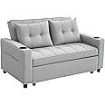 HOMCOM 2 Seater Sofa Bed, Convertible Pull Out Sofa Bed with Adjustable Backrest, Cup Holders and Pillows, Click Clack Settee for Living Room, Bedroom, Guest Room, Light Grey