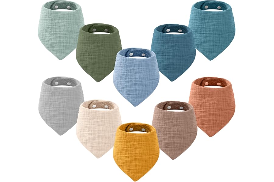 Yoofoss Muslin Baby Bibs 10 Pack Dribble Bandana Bibs 100% Cotton Drool Bib for Teething Soft and Absorbent with Adjustable Snaps Blue and Orange …