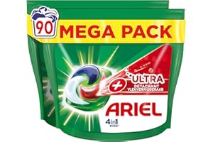 Ariel 4in1 PODS, Lessive Liquide en Capsules 90 Lavages, Technologie Ultra Détachant, Élimine Les Taches Incrustées À Basse Température, Même Après 7 Jours, Fabriqué en France