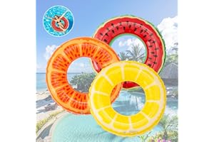 Pukitt 3 Stück Aufblasbare Schwimmringe mit Sommerfruchtmalerei, Orange, Zitrone und Wassermelone Schwimming Ring Erwachsene, 90 cm Transparenter Floating Ring Für Sommerpool Party