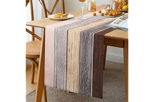 HANRUNSI Coffee Table Runner Grey Retro Linen Table Runner Geometric Rectangle Plate Mat Dresser Scarves Rustic Wooden Plank Outdoor for Dining Banquet Home Decor Stripe Brown Beige Table Runner 33 x 183 cm