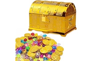 EYEZEEPTION Schatzkiste Kindergeburtstag Gold Schatztruhe Kinder mit Schloss und Schlüssel,Piraten Kindergeburtstag Schatztruhe Piraten Schatzkiste Klein für Aufbewahren und Dekor. (mit Piraten Goldmünzen)